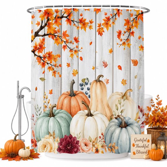 Thanksgiving Fall Shower Curtain Set - 72" x 78" Washable Bathtub Curtain with 12 Hooks, Pumpkin Autumn Vintage Maple Leaf Waterproof Fabric Stall Shower Curtains for Bathroom/Bathtub Décor
