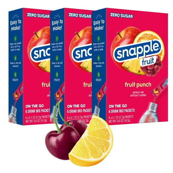 Snapple Fruit On the Go Drink Fruit Punch Flavor Mix No Sugar Low-Calorie Refreshing Powder Water Enhancer for Home Lunch Snacks Office Summer Indoor Outdoor Drinks 6 Sticks per Box Pack of 3