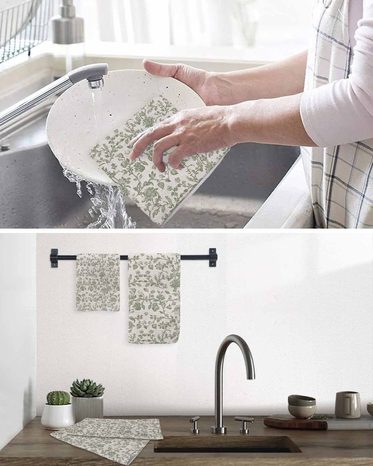 Spring Flowers Kitchen Dish Towels for Drying Dishes Set of 2, Farmhouse Sage Green Pastoral Floral Leaf Waffle Weave Microfiber Hand Tea Bathroom Towels Quick Dry & Absorbent Towel 15.7x23.6