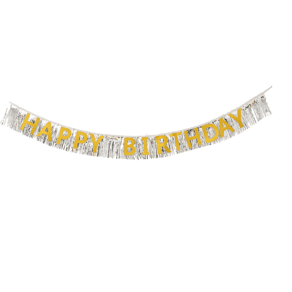 Happy Birthday Banner, Gold and Silver, Foil Fringe Garland, Party Decoration