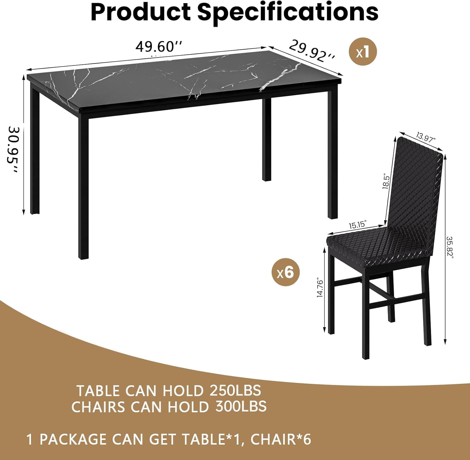 LinkRomat 7-Piece Modern Dining Table Set for 6, Faux Marble Table with PU Leather Chairs, Black