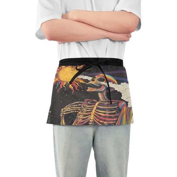 Yayeee Waist Apron with Pockets for Cooking Waterproof Half Server Aprons, Colorful Skeleton with Cloud