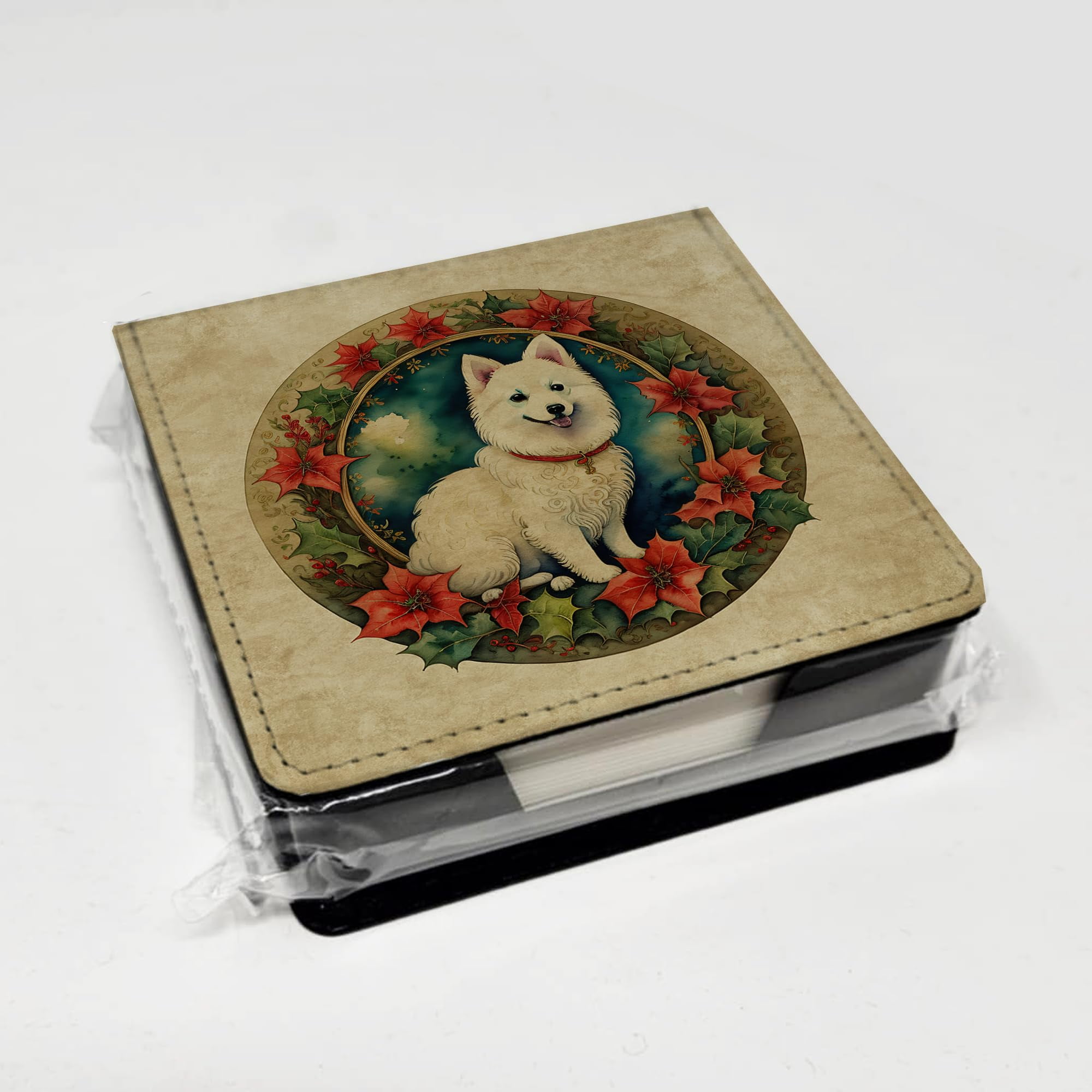 Caroline's Treasures Japanese Spitz Christmas Flowers PU Leather Note Paper Holder with Artist-Designed Cover, Desk Accessory, Office Gift