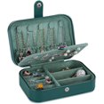 thumbnail image 1 of Joyero, pequeño estuche de viaje portátil de cuero PU, organizador de 2 capas, cajas de almacenamiento para anillos, pendientes, collares, pulseras, color verde, 1 of 7