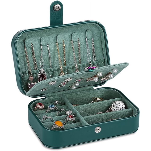 Joyero, pequeño estuche de viaje portátil de cuero PU, organizador de 2 capas, cajas de almacenamiento para anillos, pendientes, collares, pulseras, color verde