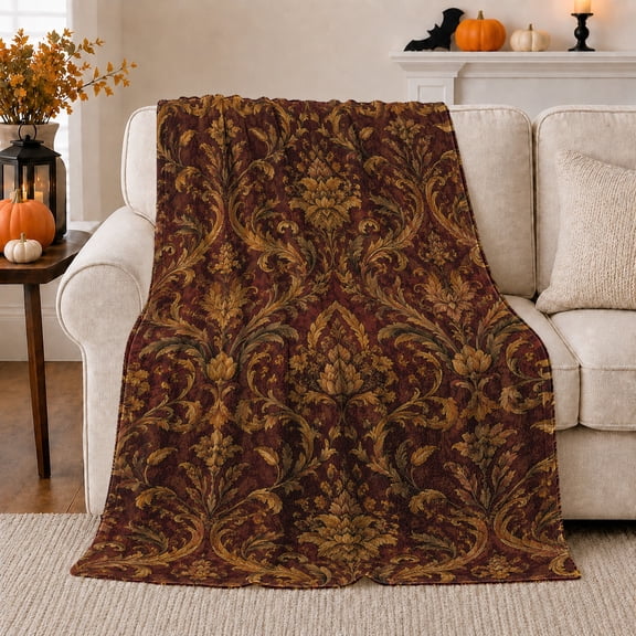 decorative motif Autumn Damask Floral Living Room autumn celebration, Warm Flannel Blanket for Sunroom and Reading Nook, Festive Botanical Garden Scene, Garden Lovers Thanksgiving Gift