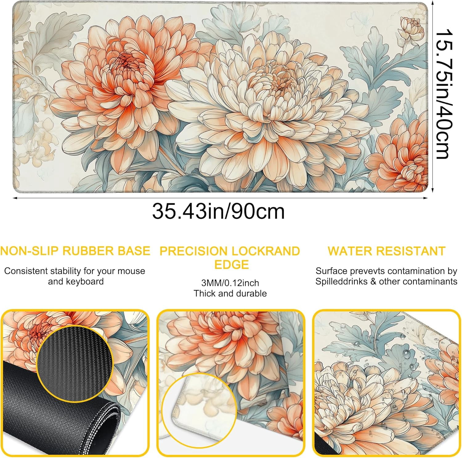Desk Mat Blooming Chrysanthemums Desk Pad for Keyboard and Mouse, Large Big Gaming Mouse Pad with Stitched Edges for Work Game, 35.43 x 15.75 in