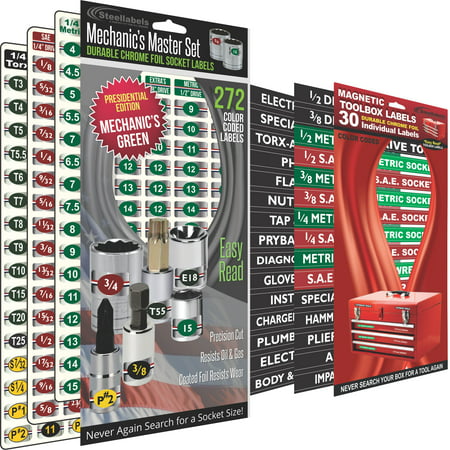 Steellabels - Combo Deal - Magnetic Toolbox Labels plus our best Master Set of Socket Labels - green series - for Metric, Torx & SAE tools, fits all Craftsman, Snap On, Mac Tools and Tool (Not Our Deal Best Coast)