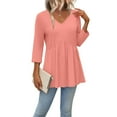 thumbnail image 4 of Ronuti 3/4 Length Sleeve Womens Tops 2025 Blouses for Women Dressy Casual Fashion Clothing V Neck Babydoll Tops Fall Outfits, 4 of 8