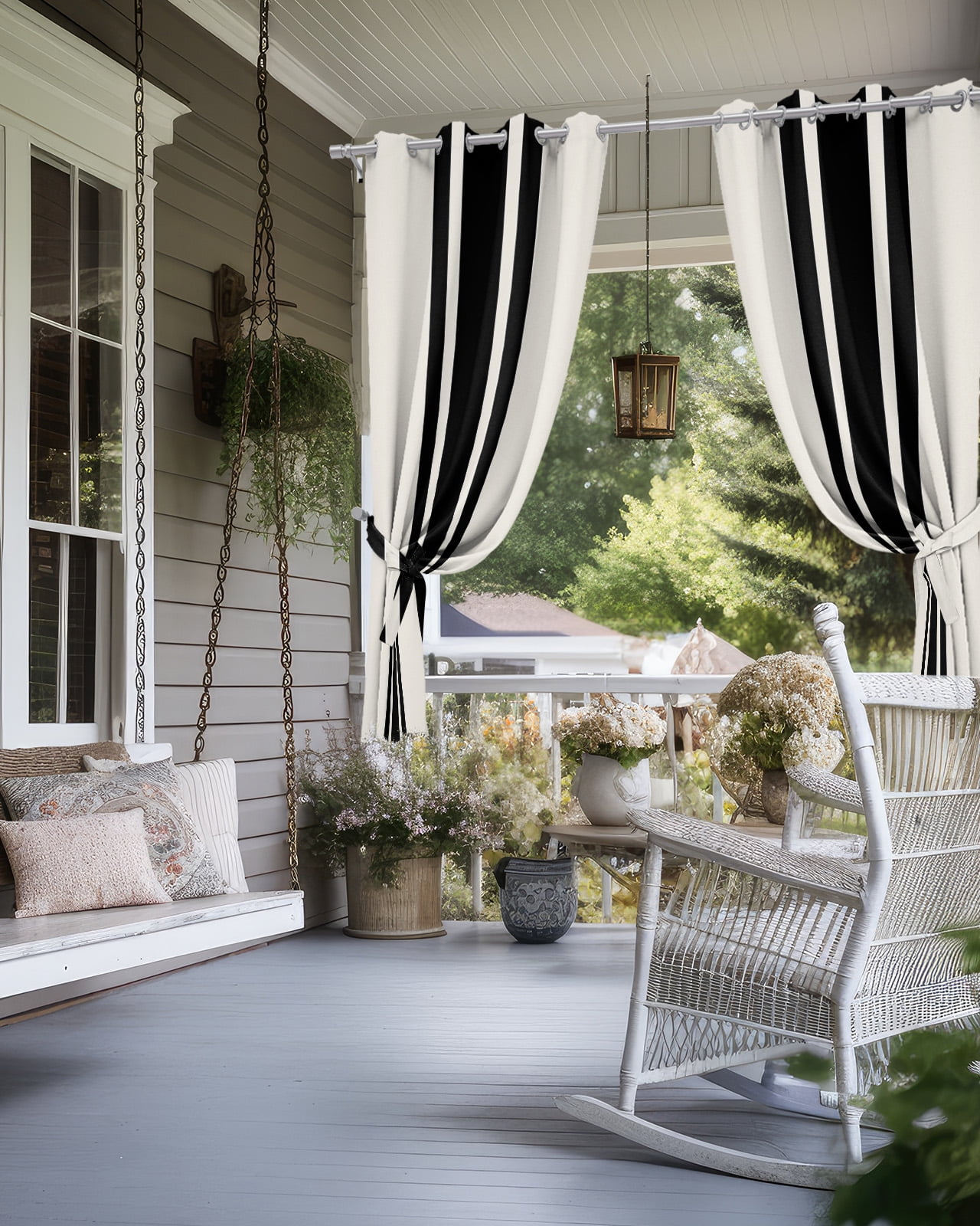 Outdoor Curtains for Patio, Farm Rural Theme Black Stripes Waterproof Blackout Outside Curtain for Porch/Pergola/Gazebo, Thermal Insulated Drapes for Cabana, 2 Panels, 54 x 108 Inch