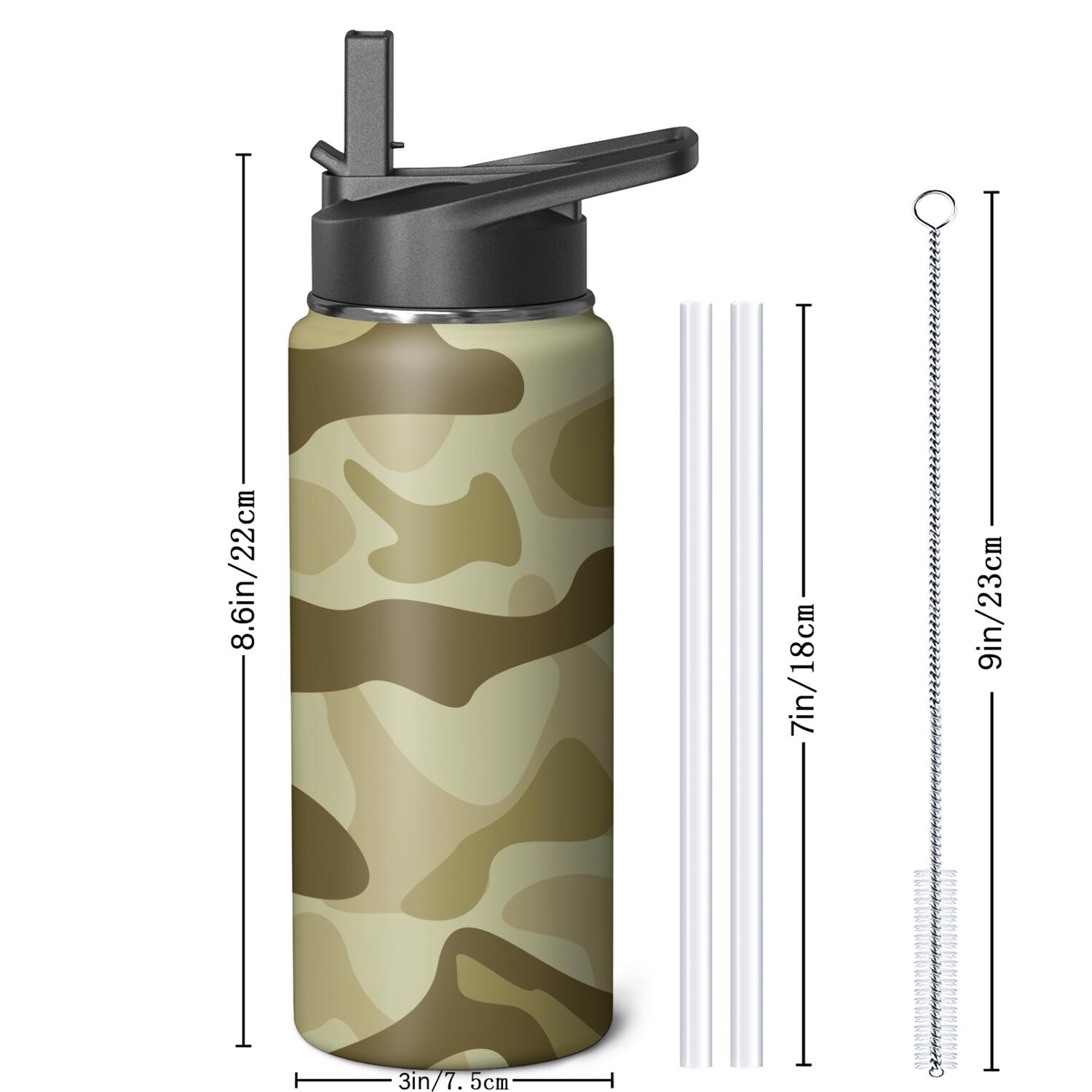 Camouflage Insulated Stainless Steel Water Bottle with Straw & Cleaning Brush – 18/32/40 Oz | Leakproof, BPA-Free, 304 Stainless Steel, Wide Mouth, Travel Mug for Car, Gym, Office