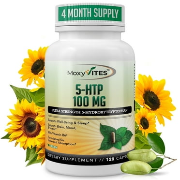 MoxyVites 5-HTP 100mg Plus B6, Organic Whole Food, Mood Support, 120 Vegan Capsules Supplement