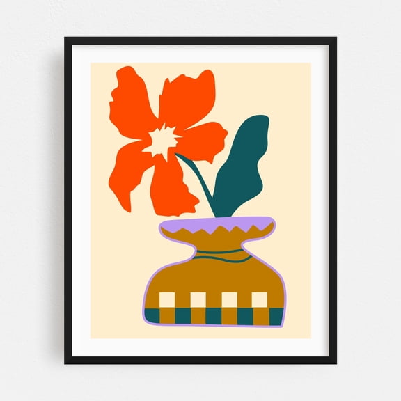 Bold Blooms in a Patterned Vase - India Illustration Floral Modern Art Geometric Botanical Minimalist Pop Art Boho Black Framed Wall Art Print 8 x 10 inches