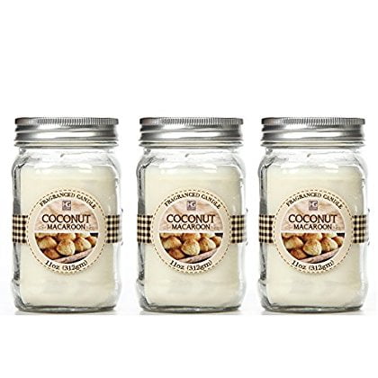 Bulk Buy. Hosley's Set of 3, Coconut Macaroon Scented Mason Jar Candles 11oz Each. Ideal votive GIFT for party favor, weddings, Spa, Reiki, Meditation, Bathroom