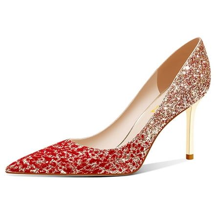 FSJ Women Graceful Pointy Closed Toe Slip On Pumps Shiny Glitter High Heel Sexy Banquet Formal Event Bridal Dress Shoes Size 8.5 Red Gradient