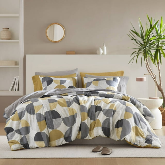 Regency Heights Ensemble de Douillette Format Grand Lit, Ensemble de Lit 9 Pcs Grand Lit, Ensemble de Literie à Imprimé Géométrique Rond avec Draps, Jaune