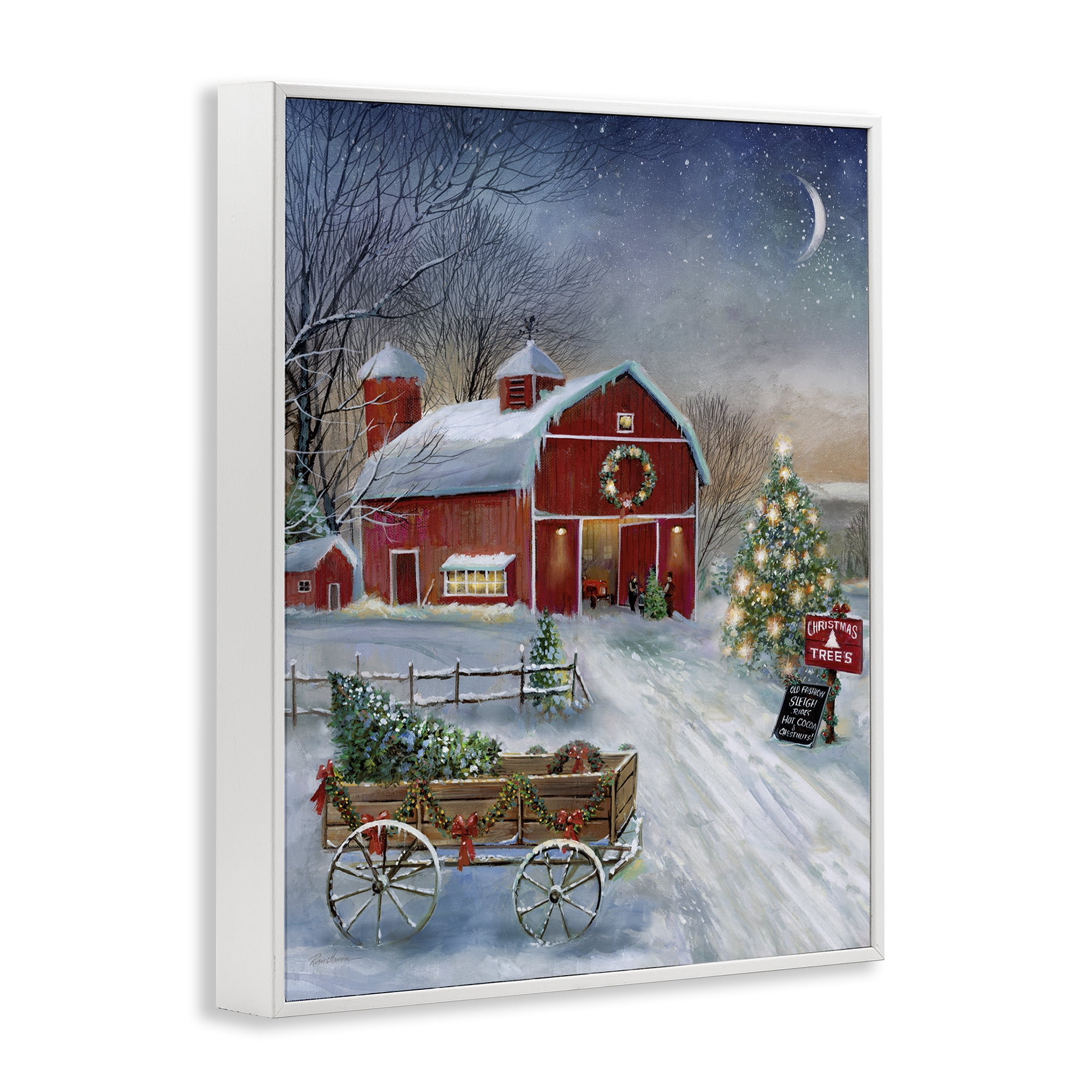 Stupell Industries Holiday Wagon & Barn Holiday Painting White Framed Art Prints Wall Art, 24 x 30