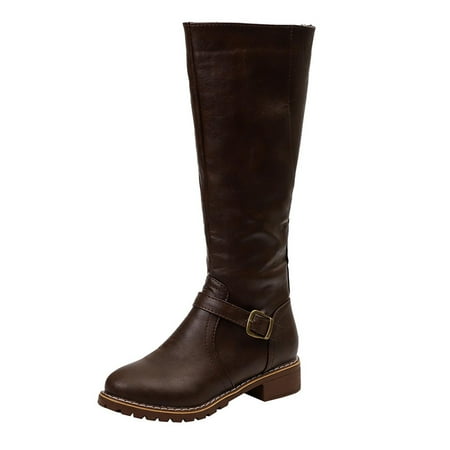 

Gzztg Cowboy Boots for Women Boots Retro Shoes Casual Thick Low-heeled Boots Plus Size Mid Calf Zipper Boots