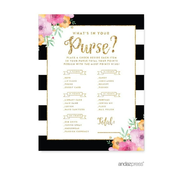 What's In Your Purse?  Floral Gold Glitter Wedding Bridal Shower Game Cards, 20-Pack