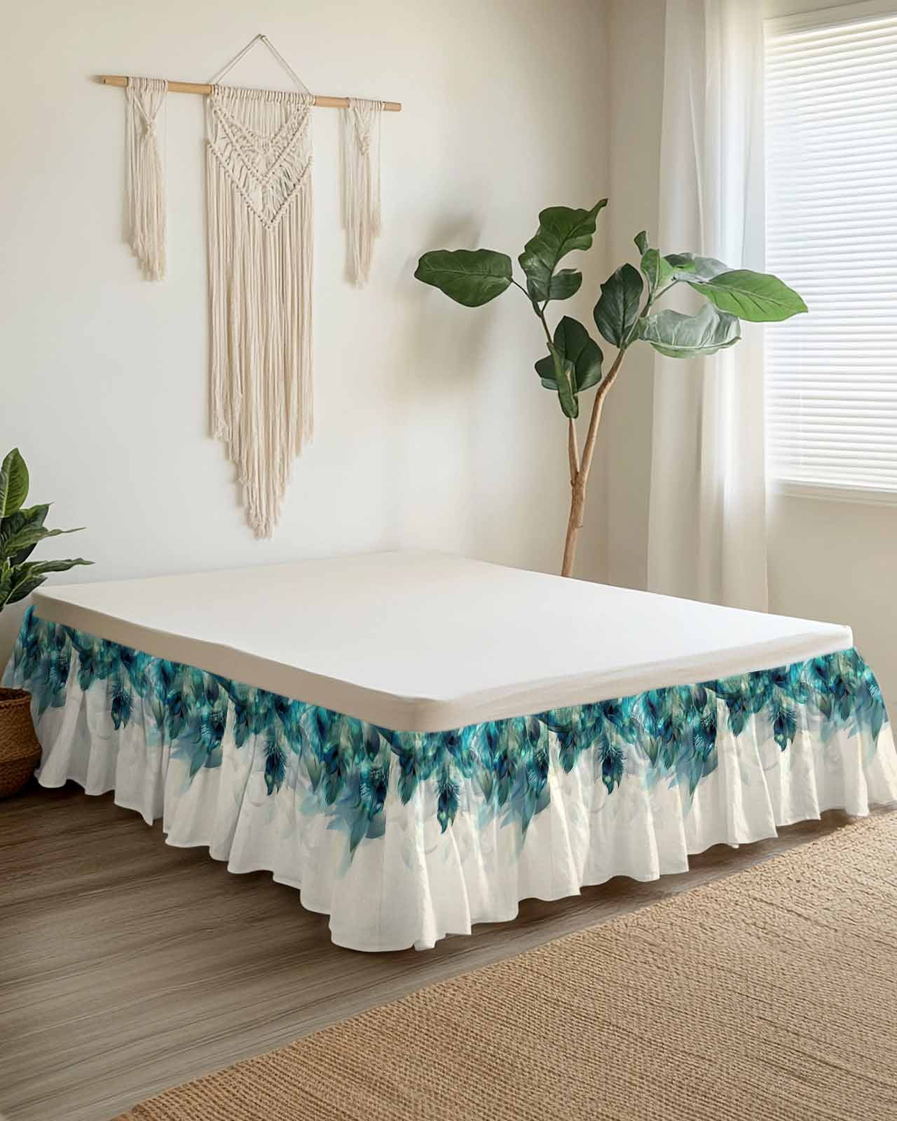 Teal Feather Wrap Around Bed Skirts for Queen Bed 16" Drop, Bed Skirt with Adjustable Elastic Belt Dust Ruffle Bed Valance for Bedroom Hotel Luxury Farmhouse Feather Art Teal Ombre Bed Frame Cover