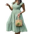 thumbnail image 4 of Femmes Flutter Manches Courtes Smocked Midi Robe d'Été Casual Tiered A-Line Robe Blanche S, 4 of 5
