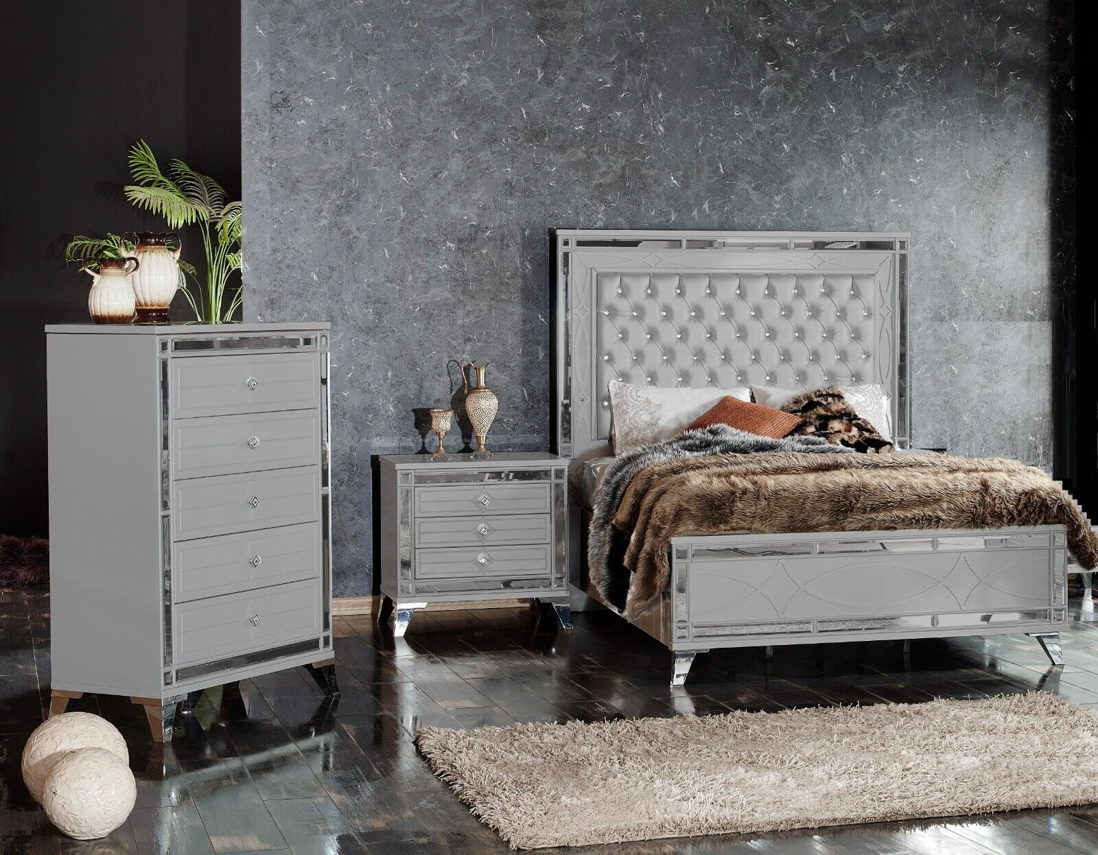 3pc Modern Luxury Queen Light Gray Tall Queen Bed w/LED Chest