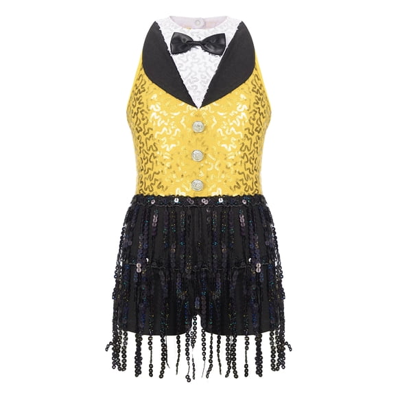 Sinleey Sequin Fringe Dance Leotard Dress for Girls Tassel Latin Jazz Rumba Salsa Chacha Modern Dance Outfit Yellow 14