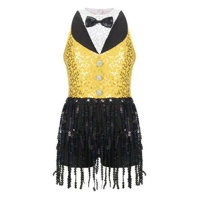 Sinleey Robe Justaucorps à Paillettes à Franges pour Filles, Franges, Latin, Jazz, Rumba, Salsa, Chacha, Tenue de Danse Moderne, Jaune 8