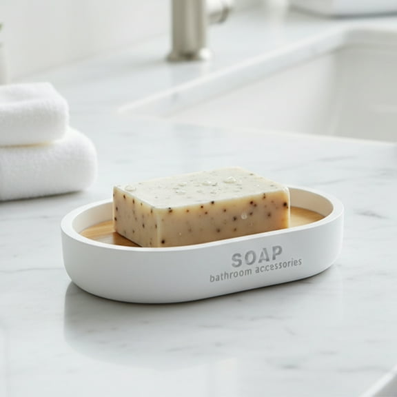 Pure Matte White Soap Dish with Bamboo Base - Polyresin Bath Accessory for Modern Decor