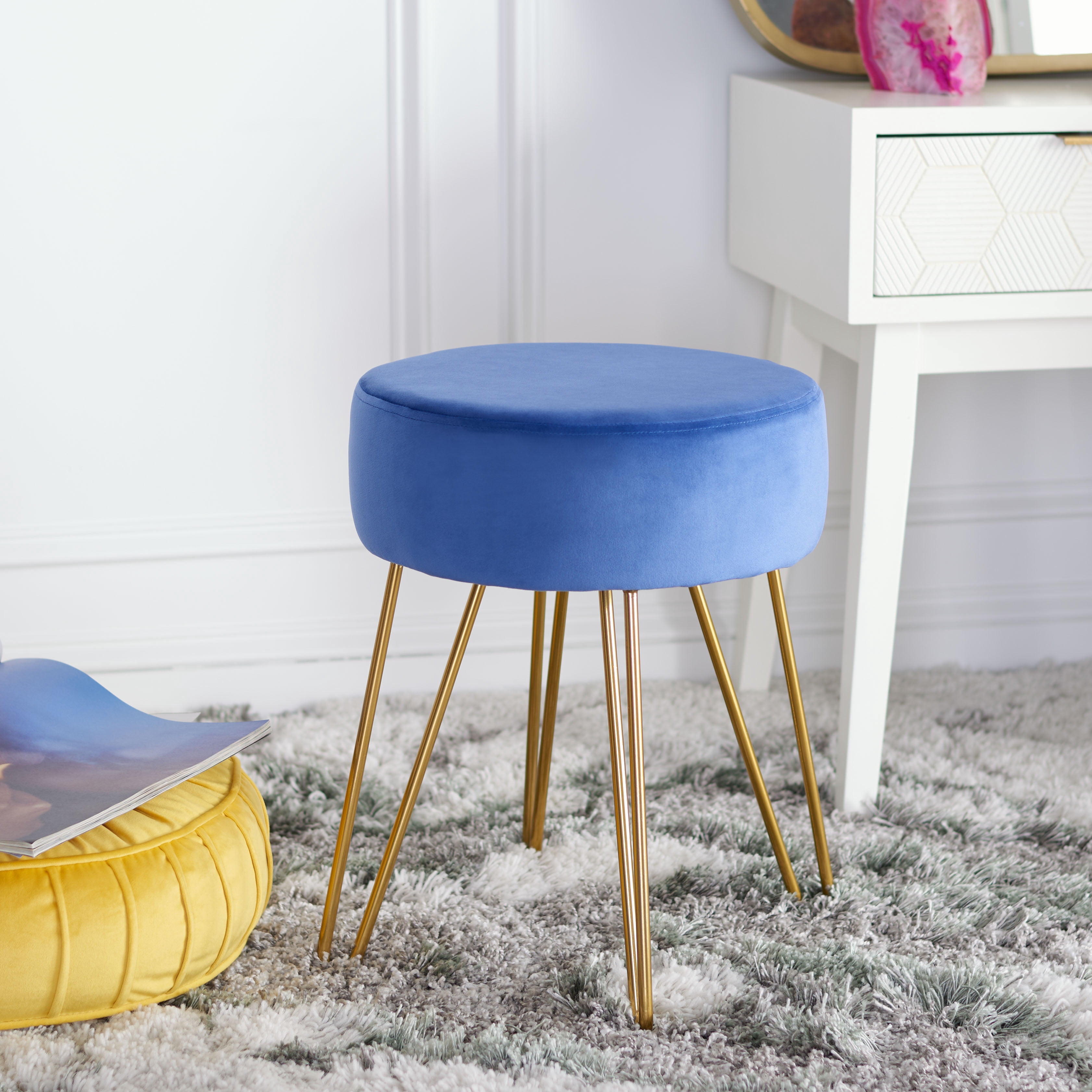 SAFAVIEH Abrea Modern Style Round Ottoman, Steel Blue/Gold ( 16.5 in. W x 16.5 in. D x 17.3 in. H)