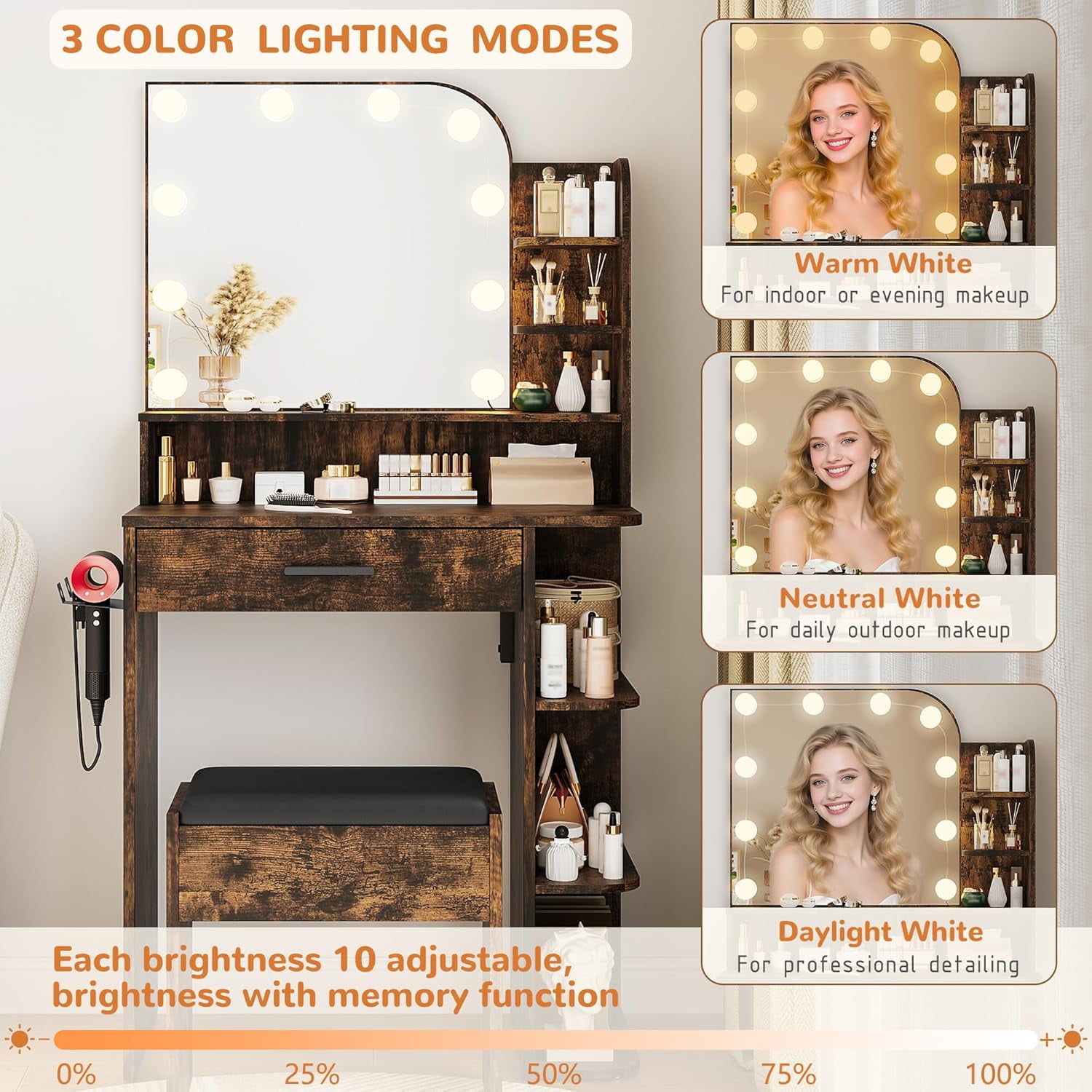 26.4" Small Makeup Vanity Set with Mirror and Lights, NEORIVER Modern Vanity Desk with Bench and Power Outlets