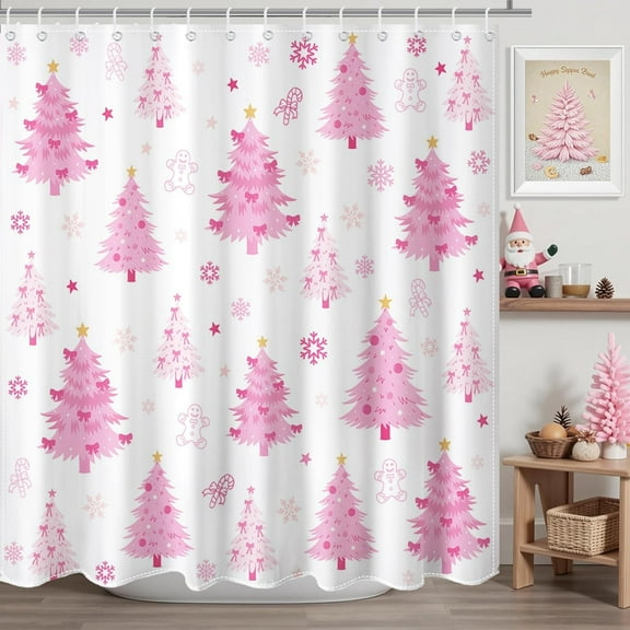 Christmas Shower Curtain Cute Xmas Tree Bow Shower Curtain with 12 Hooks Waterproof Xmas Tree Stars Snowflake Bath Curtain for Holiday Christmas Bathroom Decor, 66 X 72 Inch