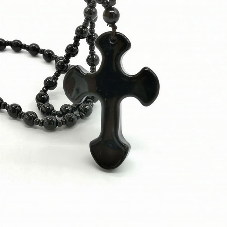 Men's Hip Hop 15mm MATTE BLACK Beads Guadalupe Rosary & Jesus Cross  Necklace BK