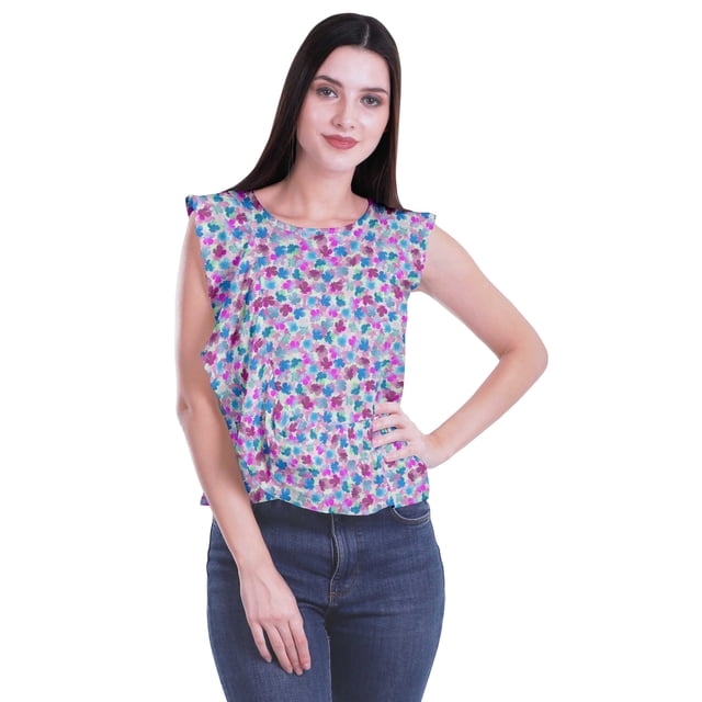 Moomaya Débardeur Sans Manches à Volants Imprimé pour Femmes Col Rond Crop Top Décontracté