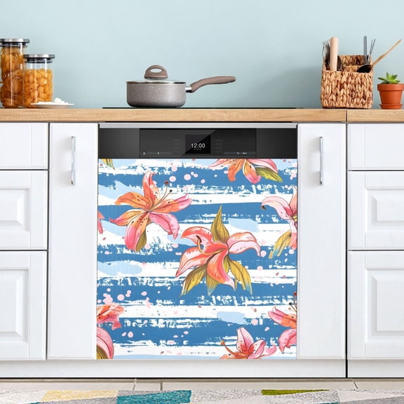 Lily Flowers on Stripe Dishwasher Magnet Cover Magnetic Fridge Door Cover Home Kitchen Decor 23"x 26"