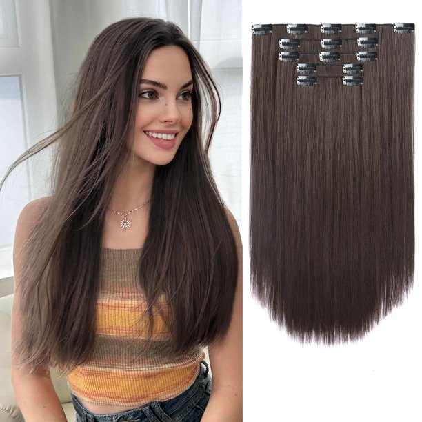 StrRid Extensiones con clip de color marrón oscuro, 18.0 in, extensión sintética larga invisible, 5 unidades, rectas, falsas, suaves y no se anudan fácilmente, clips en piezas de cabello para mujeres,