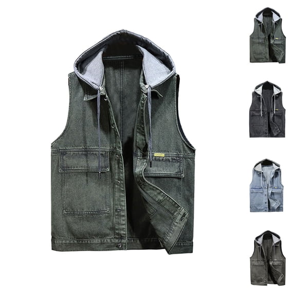 Men's Hooded Denim Vest Classic Stretchy Trucker Snap Buttton Sleeveless Jean Jacket with Flap Pocket Size 3XL Yellow