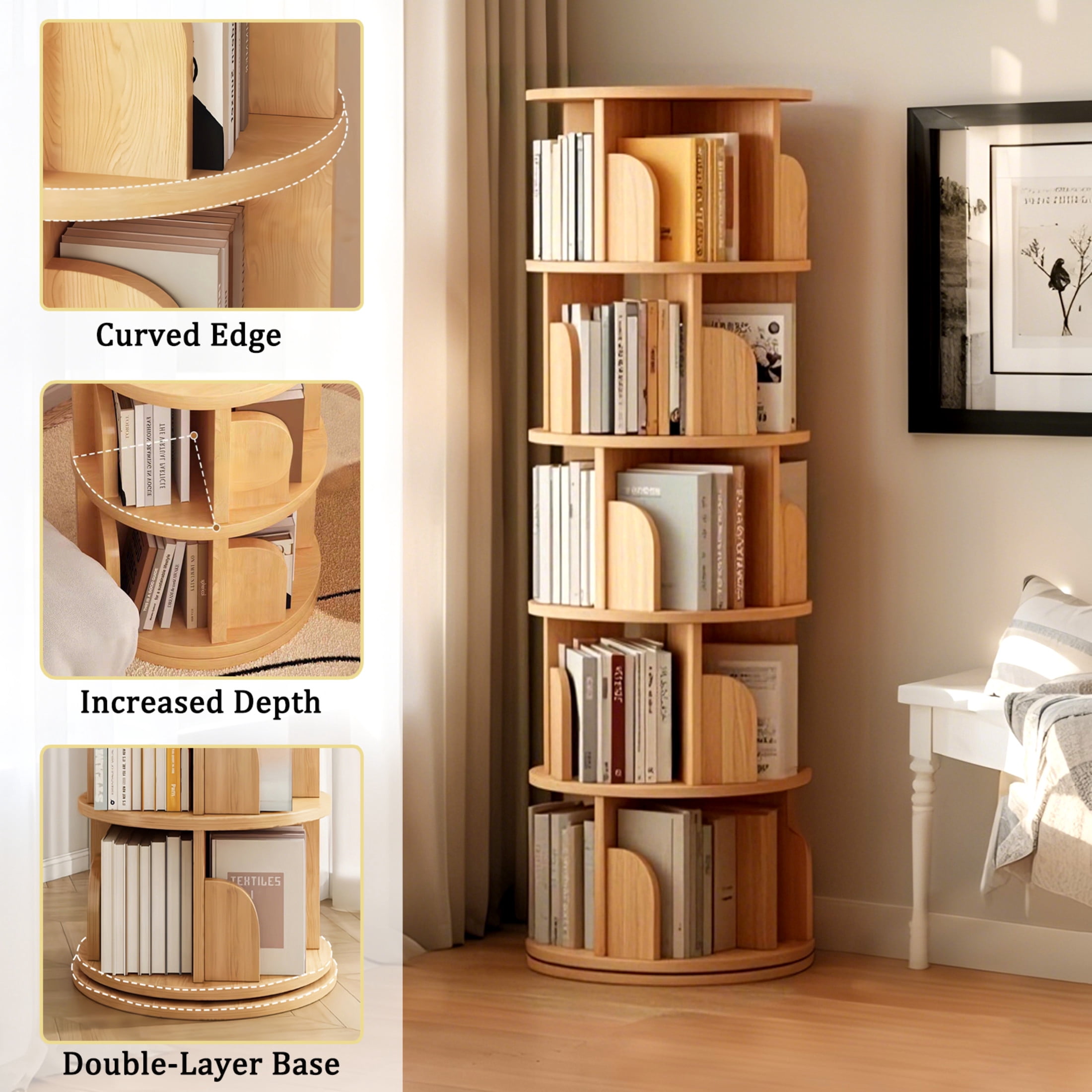 Noble House Pamela 5-Tier 360° Rotating Bookshelf, Round Display Tower, Space-Saving, for Home Office, Natural