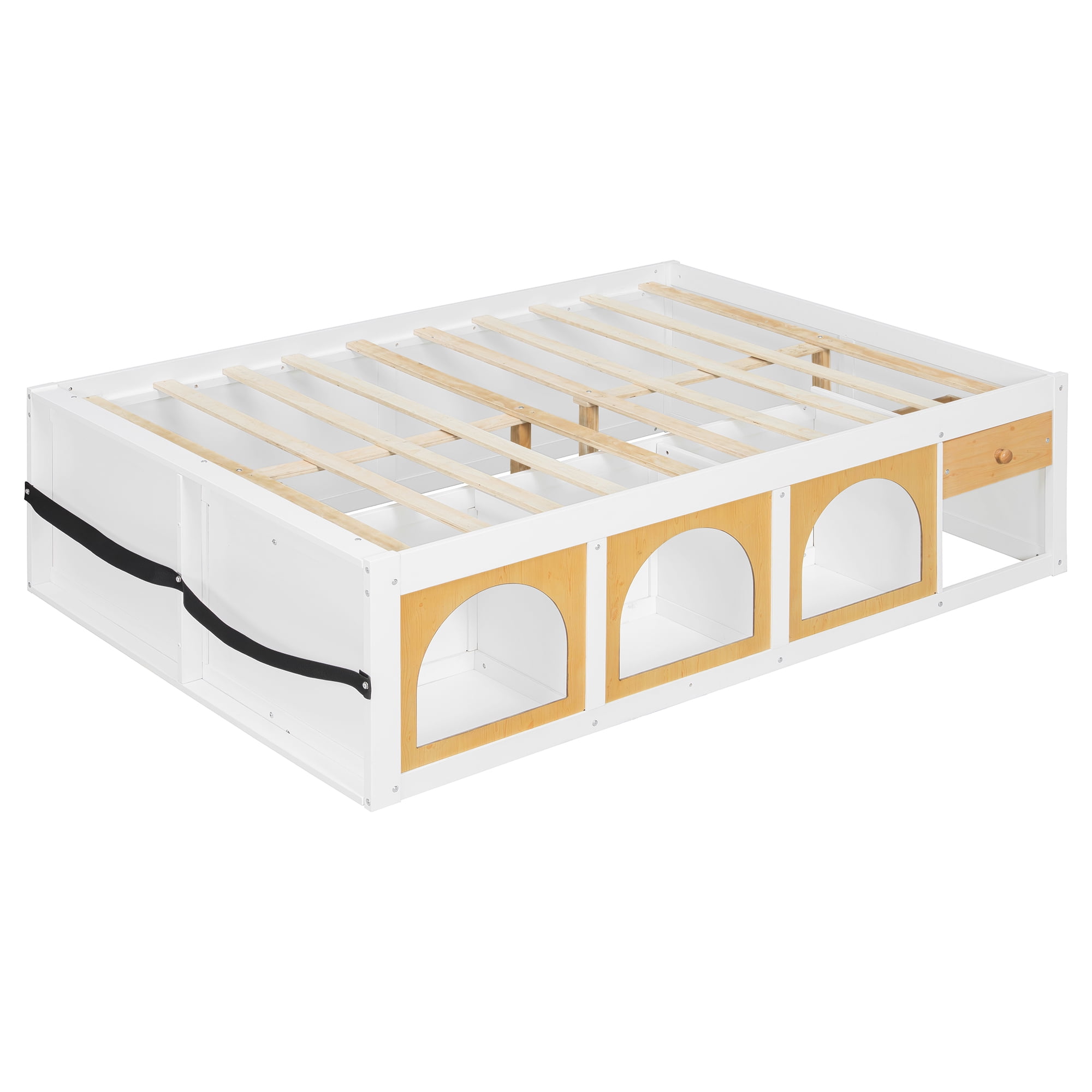 Mintazer Modern Full Size Bed with Bookshelf and 3 Open Cubbies & Drawer, Platform Bed Frame with LED Light for Kids Bedroom, Natural & White