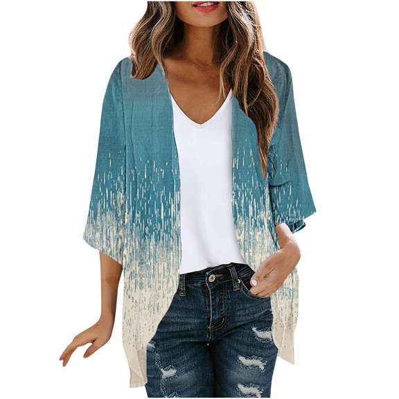 Erwazi Cardigans for Women Printed Chiffon 3/4 Sleeve Open Front Sheer Lightweight Loose Casual Outer Shrug Holiday Outdoor Daily Outfit Top