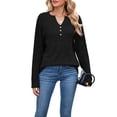 thumbnail image 2 of Women Long Sleeve Shirts Dressy Casual Button V Neck Pullover Sweaters Jumper Tops Fall Outfits Black S, 2 of 9