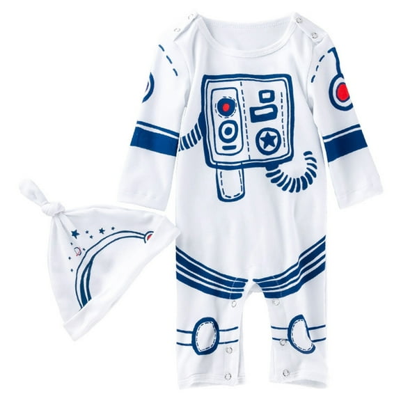 WhouRiu Boys Romper Cartoon Astronaut Long Sleeve Bodysuits Baby Spring Outdoor Soft Comfortable Jumpsuits White,Size 6-12 M