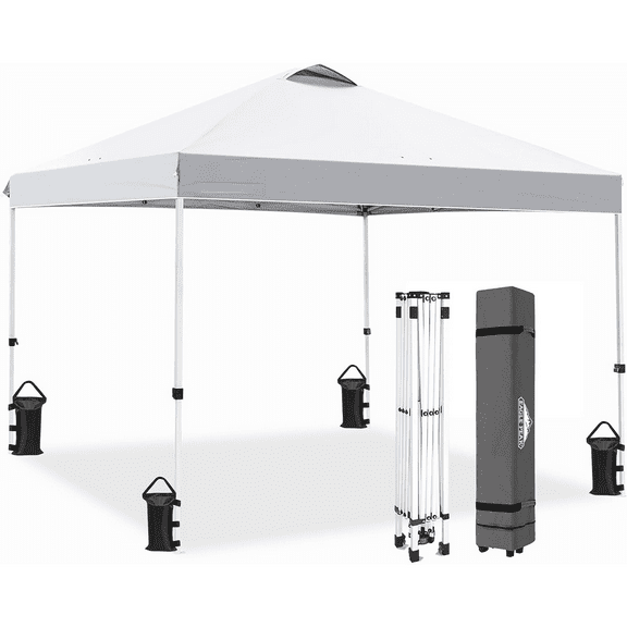 Pop Up Canopy Tent with Wheeled Carry Bag, 8 Stakes, 4 Ropes, 4 Weight Bags, Easy Set Up Tent Canopy, 10x10 ft, 100sqft of Shade, White