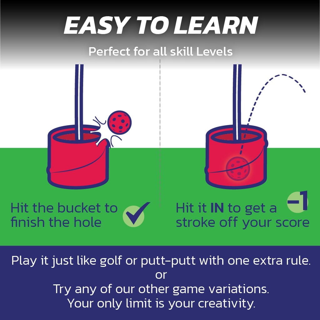 BucketGolf Pro 9 Hole Course - The Ultimate backyard golf game for levels, adults, kids and families. Play on vacation, park, beach, camping and more.