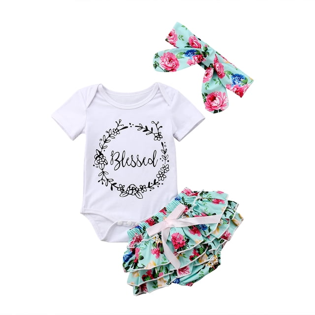 Diconna Girl's 3Pcs Romper Set, Triangle Tops with Flower Shorts and Headband