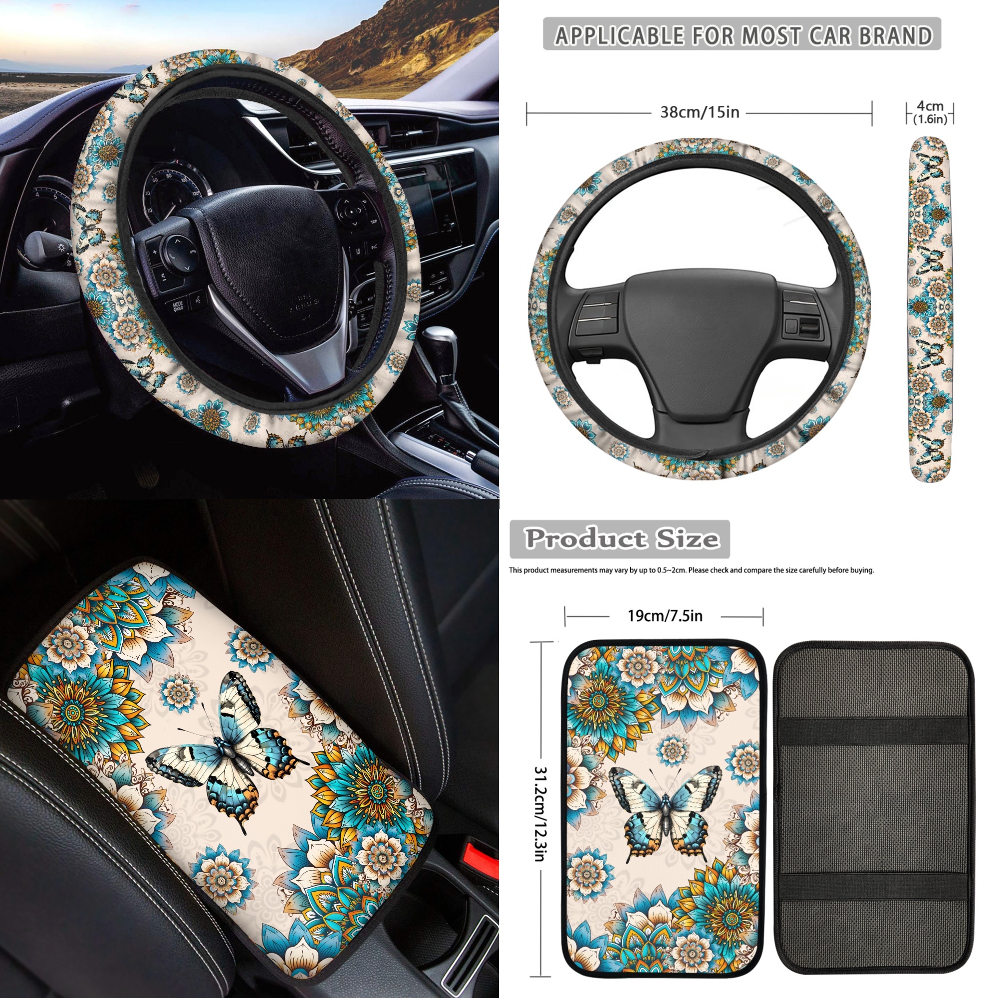 Jeiento Butterfly Car Seat Cover Full Set Car Floor Mats Steering Wheel Cover Seatbelt Pad Armrest Cover Cup Coaster Keychains Boho Flower Universal Auto Interior Accessories Set 17 Pack