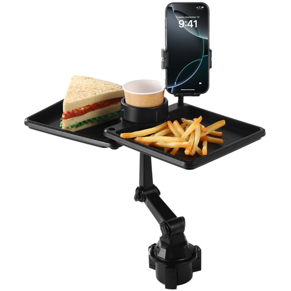 Car Cup Holder Tray, Car Food Tray, Multi-Use ABS Car Tray Table with Adjustable Arm, Swivel Tray, Mobile Phone Mount, Expandable Base 18.1 x 15 x 7.9 in