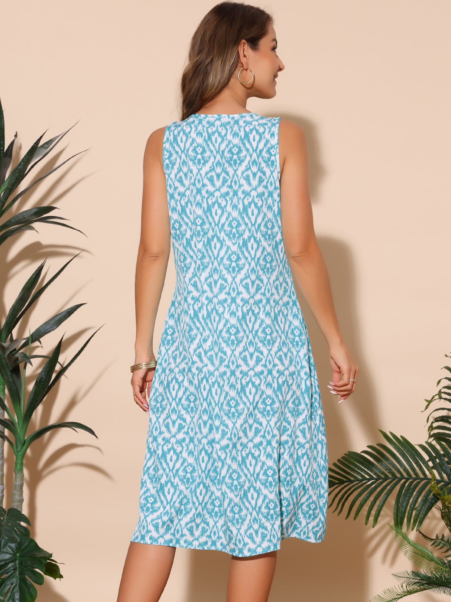 DARING DIVA Sleeveless Crewneck Print Midi Tank Dress L Blue Green