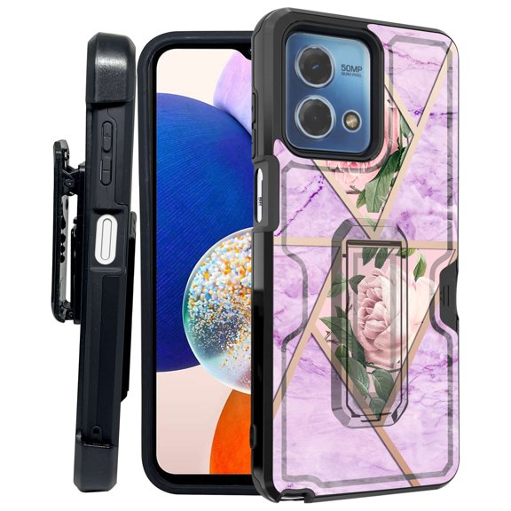 ANJ  Rugged Shockproof Kickstand Hybrid Case with Card Slot and Holster   Tempered Glass Cover for Motorola Moto G Stylus 5G (2023) - Pink Marble Roses