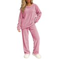 thumbnail image 2 of Ashirexll Pajamas for Women Set Solid Color Round Neck Long Sleeve Top with Matching Long Pants Cozy Loungewear Set, 2 of 5